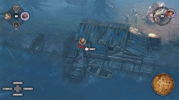 The goal of your destination is the house by the water (M5,2) and on your way to it you must avoid a group of opponents standing by a campfire - fortunately, just can sneak through the range of their field of view - Desperados 3: Find Hector - mission 5, walkthrough - Mission 5 - The Magnificent Five - Desperados 3 Guide