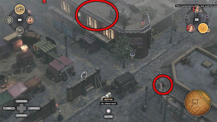 Approach the market square (M12,4), which has also ceased to be a public location - Desperados 3: Bypass the guard post and get a disguise - mission 12, walkthrough - Mission 12 - Dirt and Blood - Desperados 3 Guide