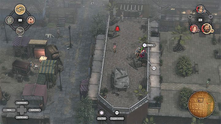 In order to get to the disguise for Kate you should eliminate as many enemies as possible that are located at the roof of the brothel - Desperados 3: Bypass the guard post and get a disguise - mission 12, walkthrough - Mission 12 - Dirt and Blood - Desperados 3 Guide