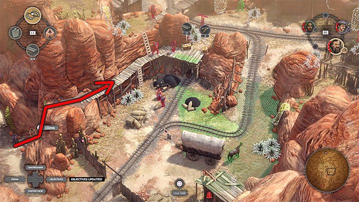 This option involves choosing the path to the right(M13,10), which is the one starting near the barn, with the gunpowder cart parked in front of it - Desperados 3: Push the wagon to the gate - mission 13, walkthrough - Mission 13 - A Cart Full of Gunpowder - Desperados 3 Guide