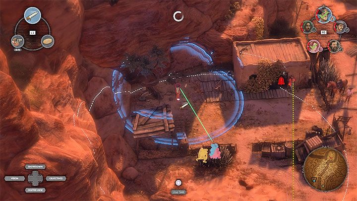 A woman from whom you can steal a disguise is found in the southern part of the canyon (M16,4) - Desperados 3: Get a disguise - mission 16, walkthrough - Mission 16 - The Old and The New - Desperados 3 Guide