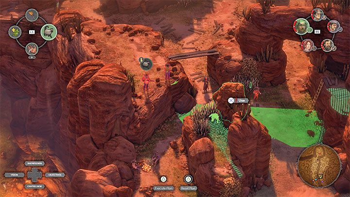 Isabelle and McCoy begin on the right side of the canyon (M16,2) - Desperados 3: Get a disguise - mission 16, walkthrough - Mission 16 - The Old and The New - Desperados 3 Guide