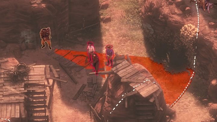 Crossing the right side of the canyon begins by having to cross a small ravine (M16,13) - Desperados 3: Reach the cemetery gate - mission 16, walkthrough - Mission 16 - The Old and The New - Desperados 3 Guide