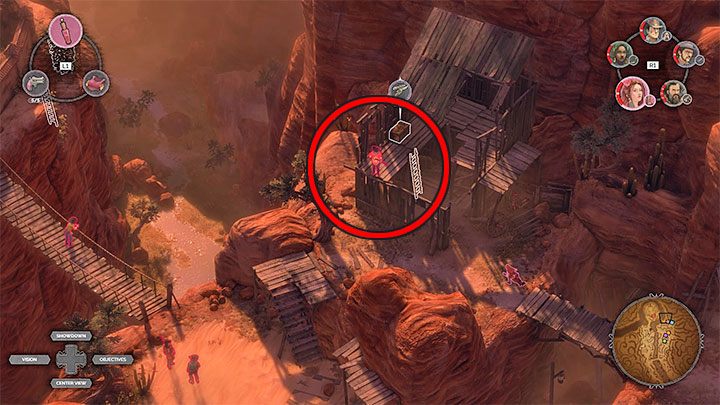 During the crossing, pay attention to the sniper position marked in the picture (M16,16) - Desperados 3: Reach the cemetery gate - mission 16, walkthrough - Mission 16 - The Old and The New - Desperados 3 Guide