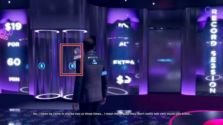 The first android is found opposite to the exit from the room (marked with number nine) - The Eden Club | Connor | Detroit Become Human Walkthrough - Connor Walkthrough - Detroit Become Human Guide