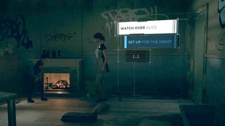 Prepare a bed and light a fire to get Alice to sleep. - Fugitives | Kara | Detroit Become Human Walkthrough - Kara Walkthrough - Detroit Become Human Guide