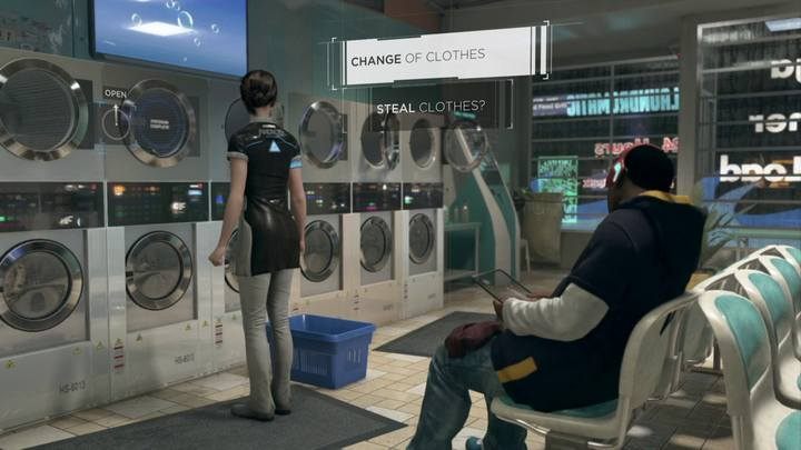 You can find new clothes in the laundry room in front of the motel. - Fugitives | Kara | Detroit Become Human Walkthrough - Kara Walkthrough - Detroit Become Human Guide