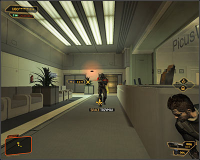 A few moments later you should reach the lobby, which depending on the battles you might have had before can be either empty or occupied by two guards (screen above) - (2) Aggressive solution: Getting out of the ambush - Confronting Eliza Cassan - Deus Ex: Human Revolution Game Guide