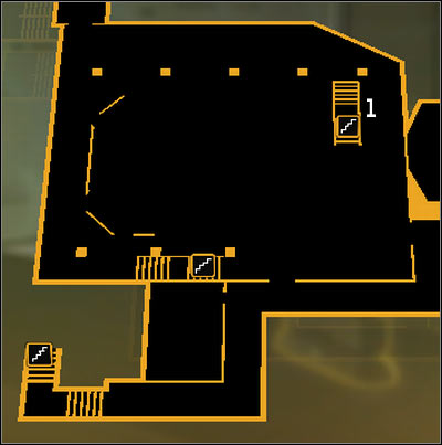 Map legend: 1 - Turret control panel - (3) Peaceful solution: Reaching the staircase at the back of the studio - Confronting Eliza Cassan - Deus Ex: Human Revolution Game Guide
