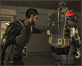 The middle room of the TV studio should be patrolled by four enemies - (3) Peaceful solution: Reaching the staircase at the back of the studio - Confronting Eliza Cassan - Deus Ex: Human Revolution Game Guide