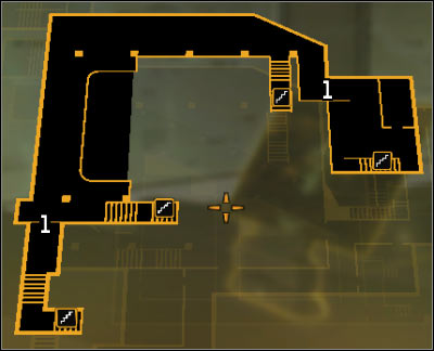 Map legend: 1 - Balconies passage - (3) Aggressive solution: Reaching the staircase at the back of the studio - Confronting Eliza Cassan - Deus Ex: Human Revolution Game Guide