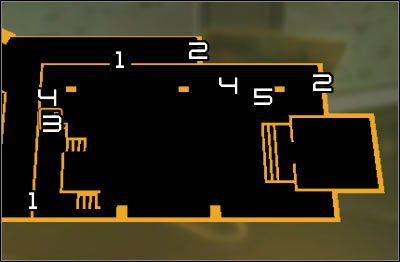 Map legend: 1 - Passage to the funicular room; 2 - First shaft entrance and exit; 3 - Upper balconies stairs; 4 - Second shaft entrance and exit; 5 - Turret control terminal - (4) Aggressive solution: Reaching the funicular - Confronting Eliza Cassan - Deus Ex: Human Revolution Game Guide