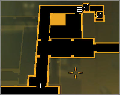 Map legend: 1 - South room entrance; 2 - Stairs leading onto the upper level - (7) Peaceful solution: Reaching the staircase - Confronting Eliza Cassan - Deus Ex: Human Revolution Game Guide