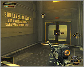 Now youd have to turn on the camouflage and start manoeuvring between enemies and security cameras #1, successfully moving towards the north-west - (7) Peaceful solution: Reaching the staircase - Confronting Eliza Cassan - Deus Ex: Human Revolution Game Guide