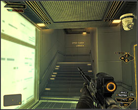 Stay cautious, as the corridor north of the guards lodge is patrolled by a single mercenary #1 - (7) Peaceful solution: Reaching the staircase - Confronting Eliza Cassan - Deus Ex: Human Revolution Game Guide