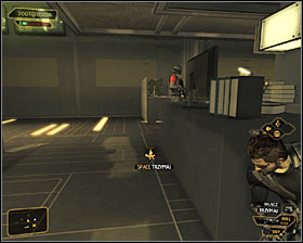 If the nearby security camera has been switched off, you will be able to easily surprise both enemies #1 #2 - (7) Peaceful solution: Reaching the staircase - Confronting Eliza Cassan - Deus Ex: Human Revolution Game Guide