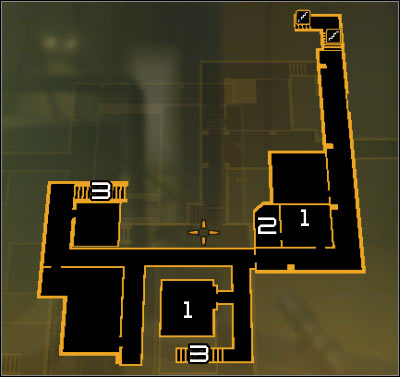 Map legend: 1 - Camera control terminals; 2 - Armory; 3 - Stairs leading onto the lower level - (7) Aggressive solution: Reaching the staircase - Confronting Eliza Cassan - Deus Ex: Human Revolution Game Guide
