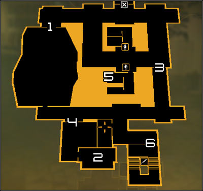 Map legend: 1 - Meeting Hall entrance; 2 - The place where you talk with Taggart or find the terminal; 3 - Guarded zone entrance; 4 - Backroom passage; 5 - Ventilation shaft entrance; 6 - Staircase door - (4) Find information on Sandovals whereabouts - Finding Isaias Sandoval - Deus Ex: Human Revolution Game Guide