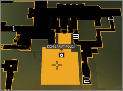 Map legend: 1 - Western sewers entrance; 2 - South-east sewers entrance; 3 - Fence; 4 - Corridor with discharges - Smash the State (step 4) - Side quests - Deus Ex: Human Revolution Game Guide
