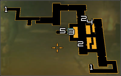Map legend: 1 - Sewers entrances; 2 - Turrets; 3 - Jacob White and the third turret; 4 - Turret control terminal; 5 - Bomb - Smash the State (step 4) - Side quests - Deus Ex: Human Revolution Game Guide