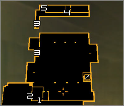Map legend: 1 - Main entrance to the warehouse; 2 - Ladder; 3 - Stairs leading to the backside balconies; 4 - Main entrance to warehouse offices; 5 - Ladder - (5) Aggressive solution: Getting inside the port warehouse - Stowing Away - Deus Ex: Human Revolution Game Guide