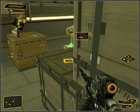 Move between covers until youll get behind the defensive turret and a guard standing there #1 - (1) Peaceful solution: Reaching the main square - Rescuing Megan and Her Team - Deus Ex: Human Revolution Game Guide