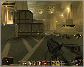 Leave the warehouse where youve started the game and start eliminating two guards here #1 - (1) Aggressive solution: Reaching the main square - Rescuing Megan and Her Team - Deus Ex: Human Revolution Game Guide