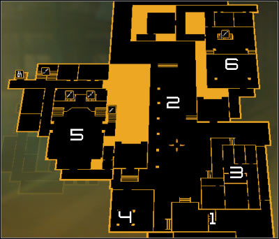 Map legend: 1 - Stairs leading to the main square; 2 - Defensive turret; 3 - Security building; 4 - Jam device; 5 - Bio-Mech Lab; 6 - Micro-Gen Lab - (1) Aggressive solution: Reaching the main square - Rescuing Megan and Her Team - Deus Ex: Human Revolution Game Guide