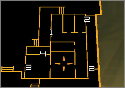 Map legend: 1 - Main entrance to the security building; 2 - Rear entrance to the security building (through the window); 3 - Terminal controlling the jammer; 4 - Armory - (2) Disabling the signal jammer - Rescuing Megan and Her Team - Deus Ex: Human Revolution Game Guide