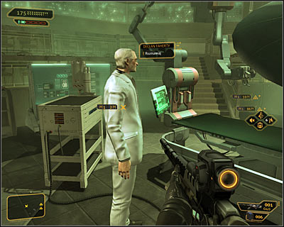 Enter the lab, walk to Declan and start the conversation - (3) Peaceful solution: Finding Declan Faherty - Rescuing Megan and Her Team - Deus Ex: Human Revolution Game Guide