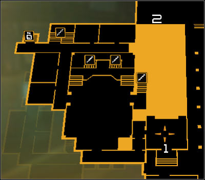 Map legend: 1 - Main entrance to the Bio-Mech Lab building; 2 - Entrance to the air vent - (3) Aggressive solution: Finding Declan Faherty - Rescuing Megan and Her Team - Deus Ex: Human Revolution Game Guide