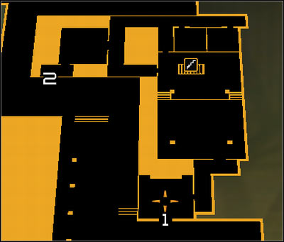 Map legend: 1 - Main entrance to the Micro-Gen Lab building; 2 - Breakable wall - (4) Aggressive solution: Finding Nia Colvin - Rescuing Megan and Her Team - Deus Ex: Human Revolution Game Guide