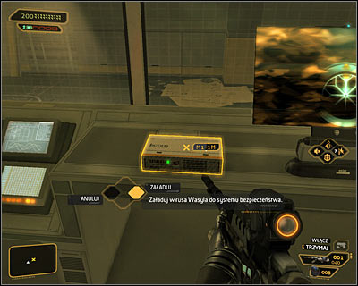 In order to complete current mission goal, interact with a disc drive (screen above) confirm that you want to upload a virus - (6) Peaceful solution: Uploading a virus to the security computer - Rescuing Megan and Her Team - Deus Ex: Human Revolution Game Guide