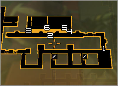 Map legend: 1 - Corridor leading to Taggarts place; 2 - Corridor with cameras and a robot; 3 - Entrance locked by crates; 4 - Entrance to the server room; 5 - Terminal in the server room; 6 - Server room exit - (6) Aggressive solution: Reaching the William Taggarts hideout - Shutting Down Darrows Signal - Deus Ex: Human Revolution Game Guide