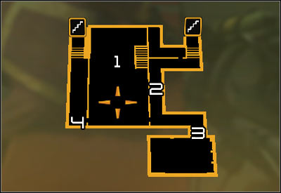 Map legend: 1 - Main room with insane civilians; 2 - Mined corridor; 3 - Door blocked by large crates; 4 - Entrance to an air vent - (7) Peaceful solution: Reaching the David Sarifs hideout - Shutting Down Darrows Signal - Deus Ex: Human Revolution Game Guide