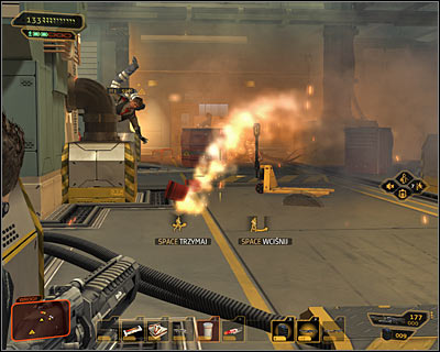 Move close to a first room, where youll find a very large group of insane workers (screen above) - (7) Aggressive solution: Reaching the David Sarifs hideout - Shutting Down Darrows Signal - Deus Ex: Human Revolution Game Guide