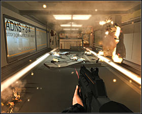 After winning the battle go down and head toward the blazing passage #1 - (2) Defend the attack on the facility | Prologue - Prologue - Deus Ex: Human Revolution Game Guide