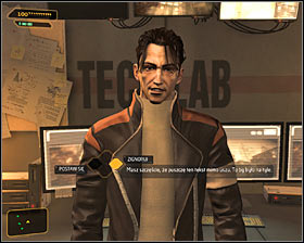 Go inside, walk to Frank Pritchard and initiate a conversation with him #1, so the scientist could repair main characters damaged implant - (1) Meeting Pritchard | Back in the Saddle - Back in the Saddle - Deus Ex: Human Revolution Game Guide