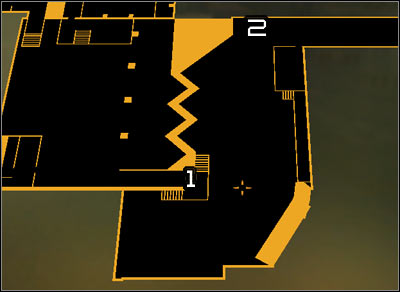 Map legend: 1 - Main entrance to the plant; 2 - A road leading on the top of containers (to the air vent) - (2) Aggressive option: Getting inside the plant - Securing Sarifs Manufacturing Plant - Deus Ex: Human Revolution Game Guide