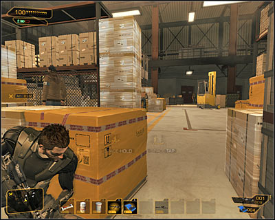 Head north, hiding near crates after few meters - (3) Peaceful option: Getting to the elevator - Securing Sarifs Manufacturing Plant - Deus Ex: Human Revolution Game Guide