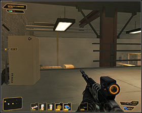 Stay in the area and use nearby crates #1 in order to get to the upper balcony (you have to jump over the railing) - (3) Peaceful option: Getting to the elevator - Securing Sarifs Manufacturing Plant - Deus Ex: Human Revolution Game Guide