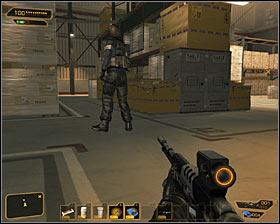 Return to the place where youve eliminated first terrorist and now take care of his buddy - he is searching for something in the crate #1 - (3) Peaceful option: Getting to the elevator - Securing Sarifs Manufacturing Plant - Deus Ex: Human Revolution Game Guide