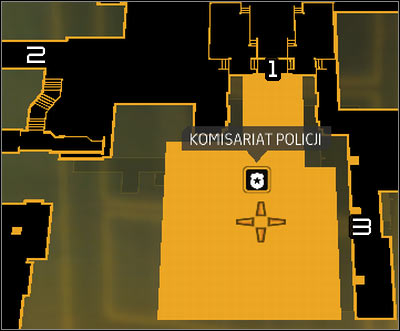 Map legend: 1 - Main entrance to the police station; 2 - Descend to the sewers; 3 - Outside staircases - (2) Getting inside the police station - Investigating the Suicide Terrorist - Deus Ex: Human Revolution Game Guide