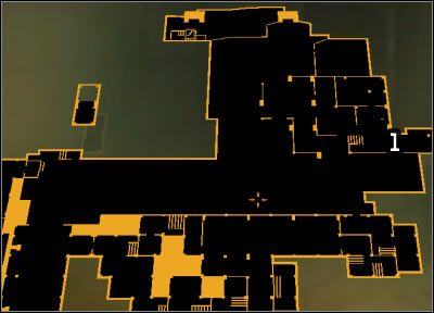Map legend: 1 - Door leading to the antenna - (1) Peaceful option: Reaching the antenna - Stopping the Transmission - Deus Ex: Human Revolution Game Guide