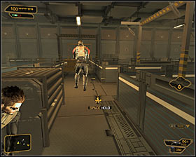 Approach carefully the door leading to the upper balcony #1 - (3) Peaceful option: Crossing by first part of the camp - Following the Clues in Highland Park - Deus Ex: Human Revolution Game Guide