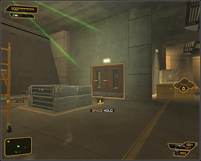 In order to get to the actual mission goal you should use the door located in south-western part of the hall (screen above) - (4) Peaceful option: Crossing by second part of the camp - Following the Clues in Highland Park - Deus Ex: Human Revolution Game Guide