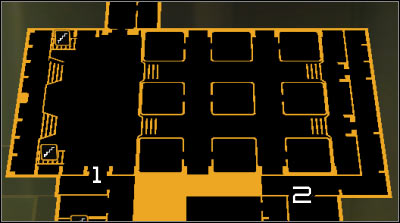 Mao legend: 1 - Western passage; 2 - Eastern passage - (5) Getting to the second elevator - Following the Clues in Highland Park - Deus Ex: Human Revolution Game Guide