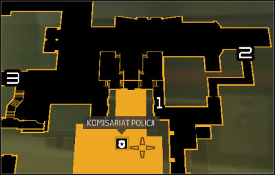 Map legend: 1 - Closed gate; 2 - Corridor with electricity discharges; 3 - Descent to the sewers - Cloak & Daggers (steps 4-7) - Side quests - Deus Ex: Human Revolution Game Guide
