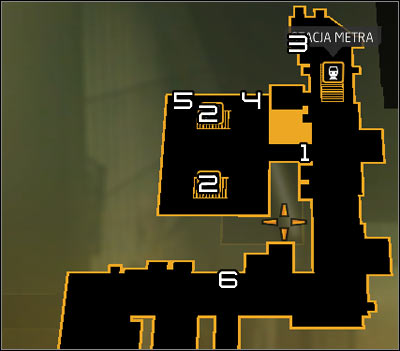 Map legend: 1 - Main passageway guarded by Belltower units; 2 - Stairs leading to the entrance to the building; 3 - Entrance to the first shaft; 4 - Exit from the first shaft; 5 - Entrance to the second shaft; 6 - Scaffolding leading to alternative paths to the building - (3) Peaceful solution: Entering the Hengsha Court Gardens building - Hunting the Hacker - Deus Ex: Human Revolution Game Guide