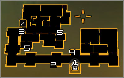 Map legend: 1 - Exit from the elevator; 2 - Exit from the main shaft; 3 - Main entrance to hackers apartment; 4 - Entrance to the new shaft; 5 - Exits from the new shaft - (4) Entering the hackers apartment - Hunting the Hacker - Deus Ex: Human Revolution Game Guide